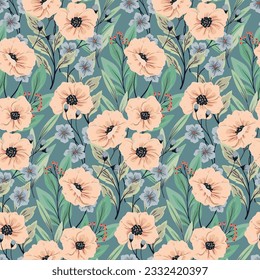 Seamless floral pattern, delicate ditsy print with vintage motif. Romantic botanical design with large wild flowers: hand drawn flowers, leaves, branches in pastel colors. Vector illustration.