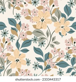 Seamless floral pattern, delicate ditsy print with folk motif. Gentle botanical design, floral decor in pastel colors: hand drawn flowers, branches, leaves on a white background. Vector illustration.