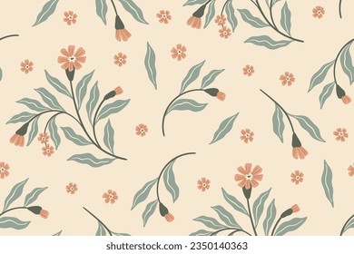 Seamless floral pattern, delicate ditsy print with hand drawn branches. Vintage botanical design, folk ornament: small flowers on branches, large leaves on a light background. Vector illustration.