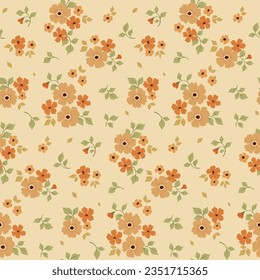 Seamless floral pattern, delicate ditsy print in autumn colors. Pretty botanical design, rustic ornament: small hand drawn daisy flowers, tiny leaves, simple bouquets on a beige background. Vector.
