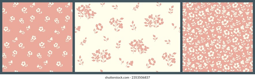 Seamless floral pattern, delicate ditsy print with small sketch plants in two colors: pink, white. Cute botanical background design made of hand drawn daisy flowers, tiny leaves. Vector illustration.