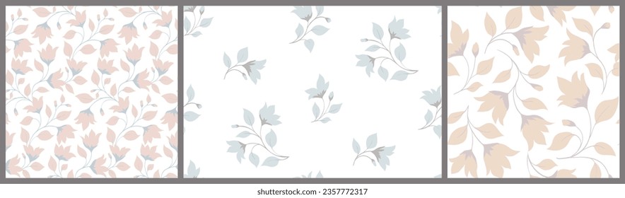 Seamless floral pattern, delicate ditsy print with branches in the collection. Romantic botanical design in light pastel colors: small hand drawn flowers, branches, leaves on white background. Vector.