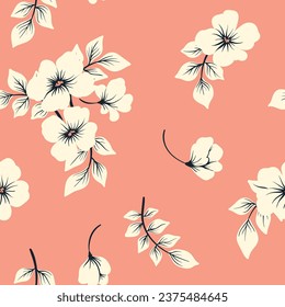 Seamless floral pattern, delicate ditsy print with vintage graphic motif. Romantic botanical design: hand drawn plants, large white flowers, leaves on a cute pink background. Vector illustration.