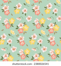 Seamless floral pattern, delicate ditsy print with vintage shabby style motif. Cute botanical design: small hand drawn flowers, tiny leaves, abstract bouquets on light background. Vector illustration