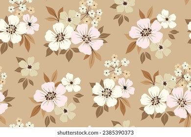 Seamless floral pattern, delicate ditsy print in natural beige colors. Botanical design with a folk motif: small hand drawn flowers, leaves, bouquets on a light background. Vector illustration.