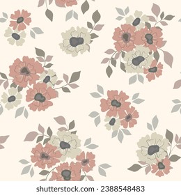 Patrón floral sin foco, delicada impresión de color marrón, adorno con un motivo rústico. Sencillo diseño botánico con flores pintadas a mano, hojas, grandes ramos sobre un fondo blanco. Ilustración vectorial.