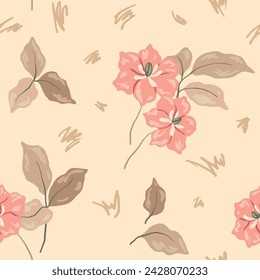 Seamless floral pattern, delicate ditsy print in neutral colors. Botanical design, abstract ornament: simple hand drawn lily flowers, leaves on a beige background. Vector illustration.