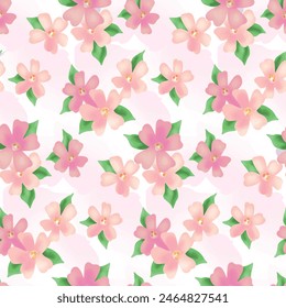 Seamless floral pattern, delicate ditsy print, abstract ornament in a watercolor retro motif. Botanical design: small pink flowers on a white background. Vector illustration.