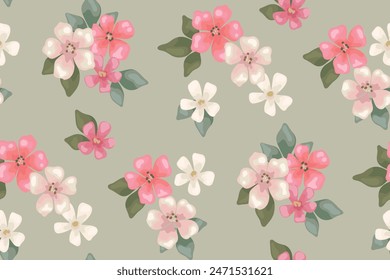 Seamless floral pattern, delicate ditsy print, abstract flower ornament in romantic style. Cute botanical design: small hand drawn watercolor bouquets pink flowers, leaves on gray. Vector illustration