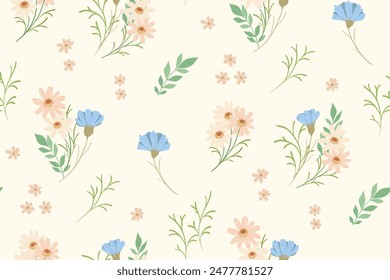 Seamless floral pattern, delicate ditsy print, abstract ornament of cute wild plants. Romantic botanical design: small hand drawn flowers, leaves, simple bouquets in pastel colors. Vector illustration