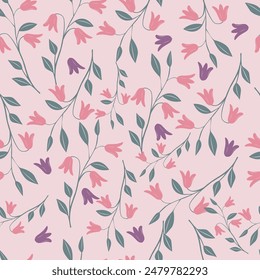 Seamless floral pattern, delicate ditsy print with hand drawn branches. Vintage botanical design, folk ornament: small flowers on branches, large leaves on a light background. Vector illustration.