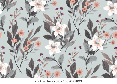 Patrón floral sin fisuras, delicado estampado sucio, adorno abstracto romántico de plantas silvestres. Diseño botánico: Grandes flores dibujadas a mano, hojas, follaje, ramas Pequeñas en el campo azul. Ilustración vectorial