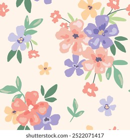 Seamless floral pattern, delicate ditsy print, cute ornament in pastel colors. Pretty botanical design: large, small hand drawn flowers, leaves, colorful spring bouquets on light. Vector illustration.