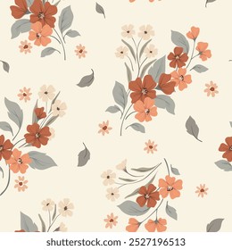 Seamless floral pattern, delicate ditsy print, abstract flower ornament in neutral colors. Botanical design: hand drawn red flowers, small leaves, twigs, simple bouquets on light. Vector illustration.