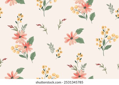 Seamless floral pattern, delicate ditsy print, abstract flower ornament in light pastel colors. Cute botanical design: small hand drawn pink flowers, tiny leaves, bouquets. Vector illustration.
