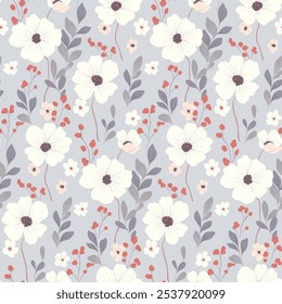 Seamless floral pattern, delicate ditsy print, abstract ornament of hand drawn wild plants. Pretty botanical design: large white poppies, small flowers, leaves, herbs, gray field. Vector illustration.