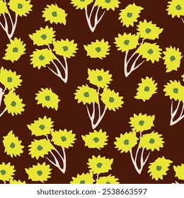 Seamless floral pattern, delicate ditsy print with simple hand drawn flowers. Botanical design with a rustic motif, natural ornament: small flowers and leaves on beige background. Vector illustration.