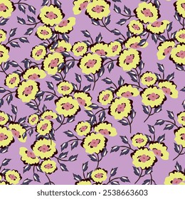 Patrón floral sin fisuras, delicado estampado sucio con flores simples dibujadas a mano. Diseño botánico con un motivo rústico, adorno natural: Pequeñas flores y hojas sobre fondo beige. Ilustración vectorial.