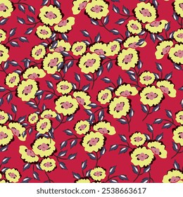 Padrão floral sem emenda, impressão de ditsy delicada com flores desenhadas à mão simples. Design botânico com um motivo rústico, ornamento natural: pequenas flores e folhas em fundo bege. Ilustração vetorial.