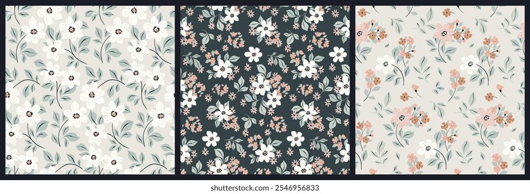 Padrão floral sem emenda, impressão delicada, ornamento abstrato de flores em cores pastel. Projeto botânico romântico de plantas decorativas desenhadas à mão, flores silvestres pequenas, folhas. Ilustração vetorial.