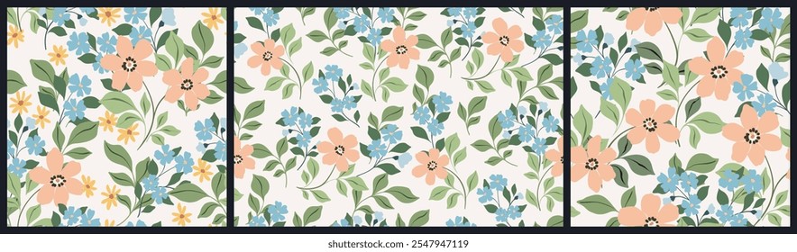 Seamless floral pattern, delicate ditsy print, abstract ornament of wild plants in folk motif. Spring botanical design, small hand drawn flowers, large green leaves, tiny branches. Vector illustration