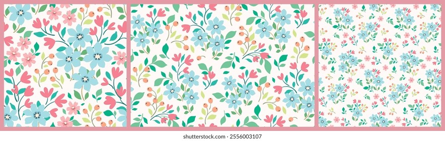 Seamless floral pattern, delicate ditsy print with romantic wild meadow. Cute botanical design of small hand drawn flowers, tiny leaves, pretty spring plants. Vector illustration.