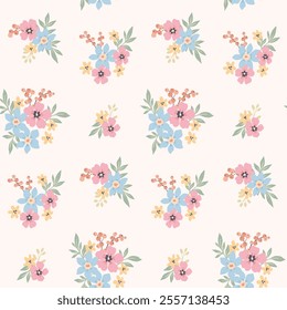 Seamless floral pattern, delicate ditsy print with simple hand drawn plants in pastel colors. Cute botanical design of small flowers, tiny leaves, simple decorative bouquets. Vector illustration.