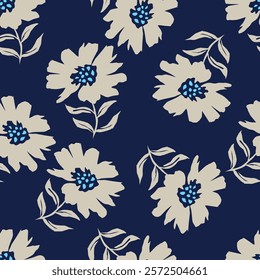 Seamless floral pattern, delicate ditsy print with hand drawn branches. Vintage botanical design, folk ornament: small flowers on branches, large leaves on a light background.
