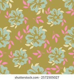 Seamless floral pattern, delicate ditsy print with hand drawn branches. Vintage botanical design, folk ornament: small flowers on branches, large leaves on a light background.