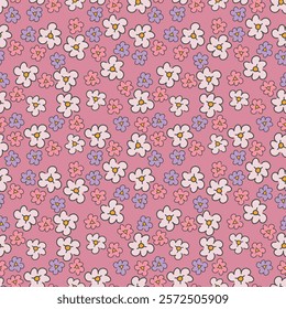 Seamless floral pattern, delicate ditsy print with hand drawn branches. Vintage botanical design, folk ornament: small flowers on branches, large leaves on a light background.