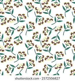 Seamless floral pattern, delicate ditsy print with hand drawn branches. Vintage botanical design, folk ornament: small flowers on branches, large leaves on a light background.