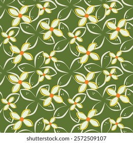 Seamless floral pattern, delicate ditsy print with hand drawn branches. Vintage botanical design, folk ornament: small flowers on branches, large leaves on a light background.