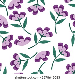 Seamless floral pattern, delicate ditsy print with hand drawn branches. Vintage botanical design, folk ornament: small flowers on branches, large leaves on a light background.