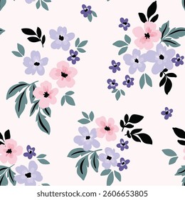 Seamless floral pattern, delicate ditsy print of small hand drawn daisy flowers in simple bouquets. Cute botanical surface design: tiny flowers, leaves on white field. Vector illustration.