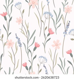 Padrão floral sem costura, impressão delicada de mosquitos desenhados à mão bonita. Design botânico romântico, flores pequenas, folhas, galhos em cores pastel. Ilustração vetorial.