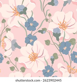 Seamless floral pattern, delicate ditsy print of hand drawn wildflowers. Romantic botanical design in pastel colors. Large white flowers, small cute flowers, leaves on pink field. Vector illustration.