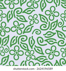 Seamless floral pattern, delicate ditsy print with hand drawn branches. Vintage botanical design, folk ornament: small flowers on branches, large leaves on a light background. Vector illustration.