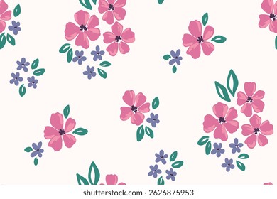 Seamless floral pattern, delicate ditsy print in folk, rustic motif. Liberty style botanical design, ornament of simple hand drawn plants, small flowers, leaves, bouquets on white. Vector illustration