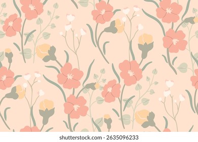 Seamless floral pattern, delicate ditsy print with hand drawn wild plants. Elegant botanical design with small flowers, leaves, branches in pastel colors. Vector illustration.