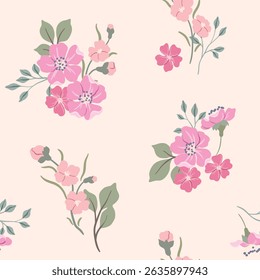 Padrão floral sem emenda, delicada impressão de flores rosa bonitas. Projeto botânico romântico de pequenas flores desenhadas à mão, folhas minúsculas, simples buquês suave na superfície da luz. Ilustração vetorial.