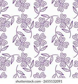 Patrón floral sin fisuras, delicado estampado sucio con ramas dibujadas a mano. Diseño botánico de Antiguas, adorno popular: Pequeñas flores en ramas, hojas Grandes sobre un fondo claro. Ilustración vectorial.
