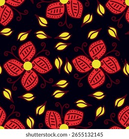 Padrão floral contínuo, impressão delicada e elegante com ramos desenhados à mão. Vintage design botânico, ornamento folclórico: pequenas flores em ramos, grandes folhas em um fundo claro. Ilustração vetorial.
