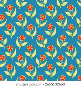 Patrón floral sin fisuras, delicado estampado sucio con ramas dibujadas a mano. Diseño botánico de Antiguas, adorno popular: Pequeñas flores en ramas, hojas Grandes sobre un fondo claro. Ilustración vectorial.