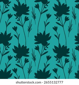 Padrão floral contínuo, impressão delicada e elegante com ramos desenhados à mão. Vintage design botânico, ornamento folclórico: pequenas flores em ramos, grandes folhas em um fundo claro. Ilustração vetorial.