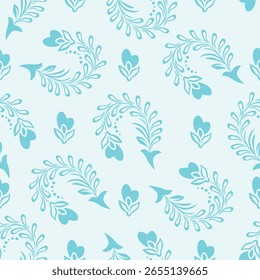 Patrón floral sin fisuras, delicado estampado sucio con ramas dibujadas a mano. Diseño botánico de Antiguas, adorno popular: Pequeñas flores en ramas, hojas Grandes sobre un fondo claro. Ilustración vectorial.