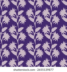 Seamless floral pattern, delicate ditsy print with hand drawn branches. Vintage botanical design, folk ornament: small flowers on branches, large leaves on a light background. Vector illustration.