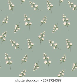 Seamless floral pattern, delicate ditsy print of small cotton sprigs. Simple cute botanical design of hand-drawn flowers, tiny branches in an abstract composition on a green field. Vector illustration