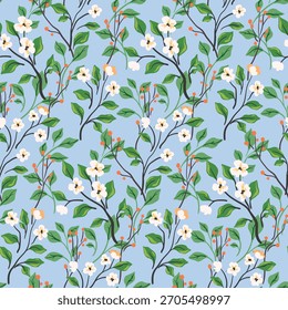 Nahtloses Blumenmuster, zarter Abdruck des bemalten Frühlingsgartens. Nettes botanisches Design von einfachen handgezeichneten Pflanzen, kleinen Blumen, Blättern, dünnen Ästen auf blauem Hintergrund. Vektorgrafik.