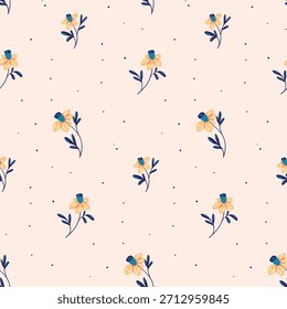 Patrón floral sin fisuras, delicado estampado sucio de narcisos con motivo vintage. Elegante diseño botánico de Pequeñas flores dibujadas a mano, ramas delgadas, hojas diminutas sobre fondo blanco. Ilustración vectorial.