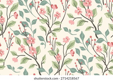Seamless floral pattern, delicate ditsy print of hand drawn spring flowering branches. Romantic botanical design of small flowers, thin twigs, leaves abstract on white background. Vector illustration.
